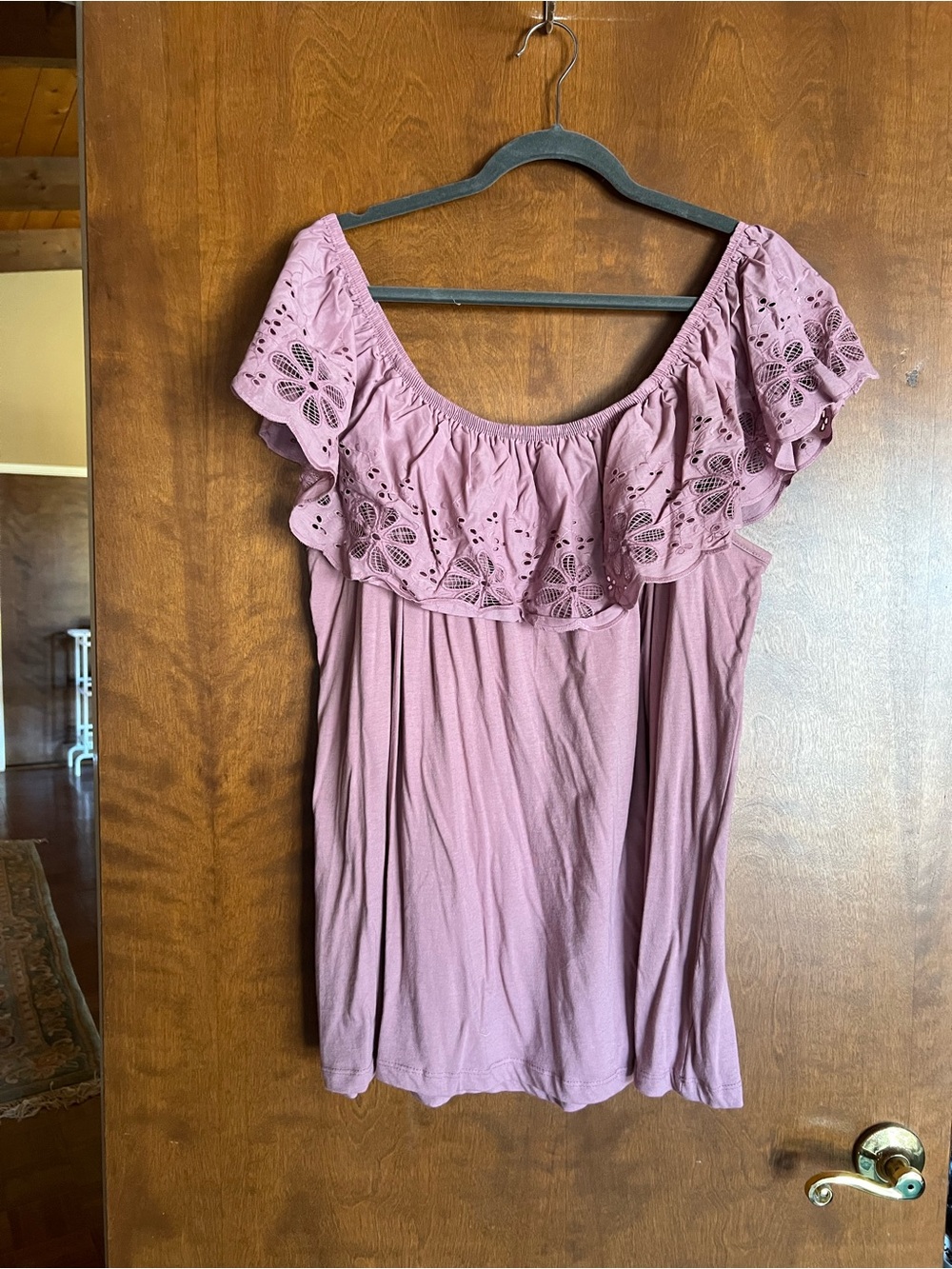 paper tee Mauve Off-Shoulder Eyelet Ruffle Top